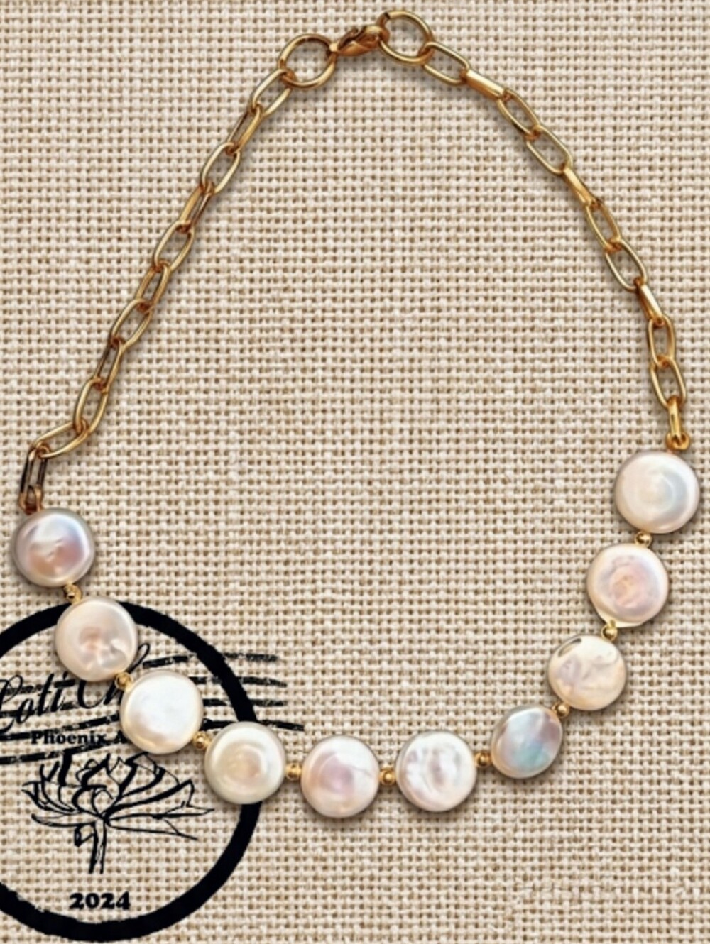 Natural White Pearl Coin In Paperclip Gold Filled Necklace